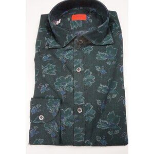 Isaia Teal Black Ink Blue Floral Long Sleeve Cotton Dress Shirt 15.5/39 NEW